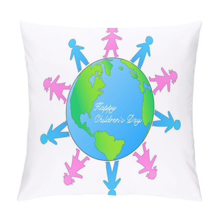 Personality  Illustration Of Kids Around Globe And Happy Childrens Day Lettering On White Pillow Covers