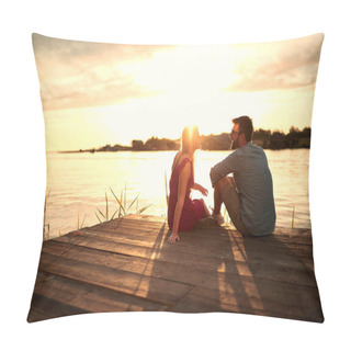 Personality  Young Beautiful Caucasian Couple Sitting On Wooden Platform By The Lake, Looking Each Other, Talking At Sunset Pillow Covers