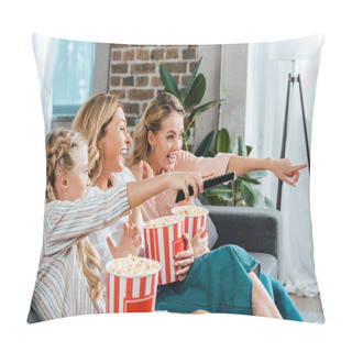 Personality  Excited Child With Mother And Grandmother Watching Movie On Couch At Home With Buckets Of Popcorn And Pointing At Screen Pillow Covers