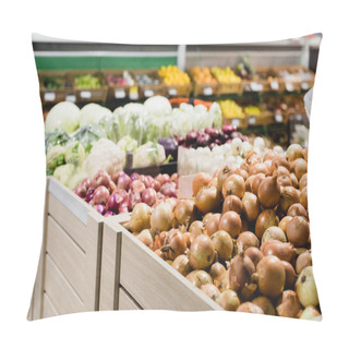 Personality  Fresh Onions And Vegetables On Blurred Background In Supermarket  Pillow Covers