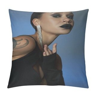 Personality  Portrait Of Tattooed Enchanting Woman With Dark Makeup Looking At Camera On Blue And Grey Backdrop Pillow Covers