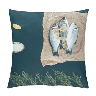 Personality  Top View Of Healthy Fish With Lemon Slices On Paper On Black Pillow Covers