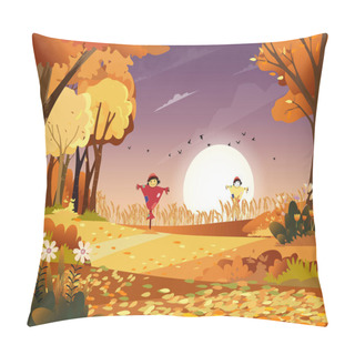 Personality  Autumn Landscape Wonderland Fores,Mid Autumn Natural In Orange Foliage With Ripe Wheat Fields And Cute Scarecrow In Sunny Day, Cute Cartoon Smiling Scarecrow Standing On Fram Fields In Fall Season. Pillow Covers