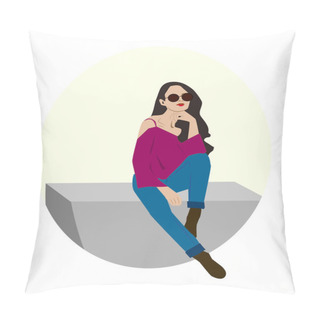 Personality  Beautiful Fashionable Casual Style Girl, Brunette Sitting And Smiling With A Smartphone . Long Brown Hair. Shorts, Sneakers, Belt Shirt. Female Character On White Background. Isolated. Illustration  Pillow Covers