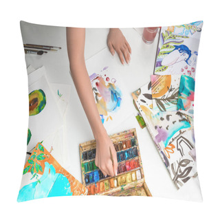 Personality  Selective Focus Of Female Hands Mixing Watercolor Paints Surrounded By Color Pictures Pillow Covers