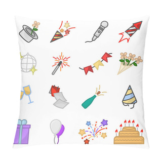 Personality  Set Of Holidays Related Icons. Includes Icons Of Festive Paraphernalia, Fireworks And Gifts. Linear Execution. Multi-colored Performance. Isolated Vector On A White Background. Pillow Covers