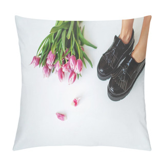 Personality  Fine Trendy Black Leather Brogues On Women Legs With Flowers Pillow Covers
