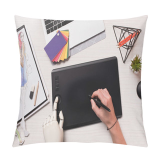 Personality  Cropped Female Hands At Designer Office Desk With Robot Hand Using Graphics Tablet And Pen Pillow Covers