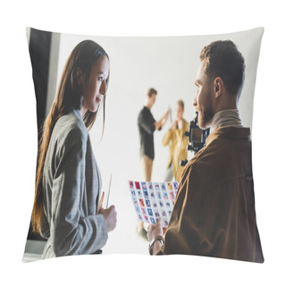 Personality  Selective Focus Of Producer With Photographer Talking On Backstage And Hairstylist With Model On Background  Pillow Covers