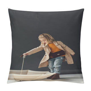 Personality   Child In Trench Coat And Jeans Playing With Umbrella On Black Background  Pillow Covers