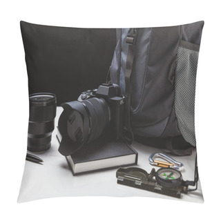 Personality  Close Up View Of Photo Camera With Lens, Pen, Notebook, Compass And Backpack On Black Pillow Covers