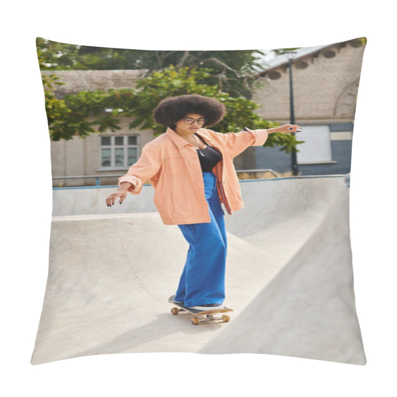 Personality  A Young African American Woman With Curly Hair Confidently Rides A Skateboard Up The Side Of A Ramp At An Outdoor Skate Park. Pillow Covers
