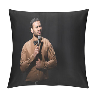 Personality  Offended Indian Comedian In Shirt And Bow Tie Holding Microphone During Monologue On Black  Pillow Covers