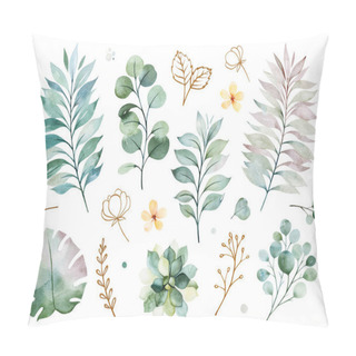 Personality  Beautiful Watercolor Seamless Pattern With Succulent Plants, Fern Leaves, Branches And Flowers Isolated On White Pillow Covers