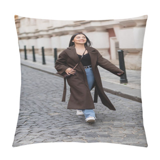Personality  Full Length Of Excited Woman In Stylish Coat Walking On Pavement In Prague Pillow Covers