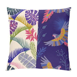 Personality  Vector Seamless Pattern With Palm Leaves And Parrots. Vertical Tropical Wallpaper. Bright Colorful Botanical Backdrop Pillow Covers