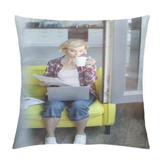 Personality  View Through Glass Of Blonde Woman In Checkered Shirt Working From Home And Drinking Tea Pillow Covers