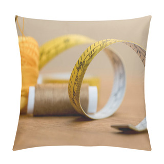 Personality  Selective Focus Of Measuring Tape With Thread Coil On Wooden Table Pillow Covers