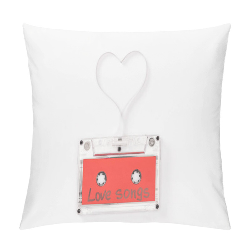 Personality  top view of audio cassette with 'love songs' lettering and heart symbol isolated on white, st valentines day concept pillow covers