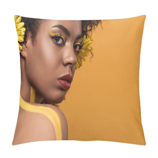 Personality  Young Sensual African American Woman With Artistic Make-up And Gerbera In Hair Isolated On Orange Background Pillow Covers