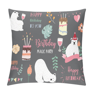 Personality  Pastel Birthday Set With Bear,cake,leave,flower,heart Illustrati Pillow Covers