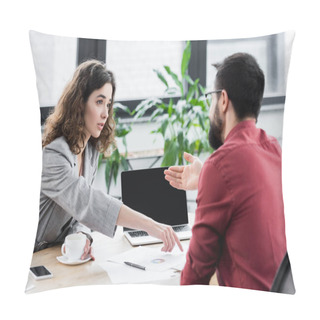 Personality  Account Manager Pointing With Finger At Papers And Her Colleague Pointing With Hand At Laptop  Pillow Covers