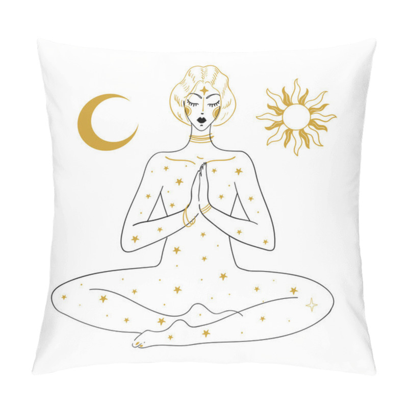 Personality  The Woman Is Meditating, Against The Background Of The Sun, The Moon And The Stars. Linear Drawing, Concept Of Peace Of Mind, Relaxation, Mental Health, Esotericism And Witchcraft. Vector Boho Tattoo Isolated On White Background Pillow Covers