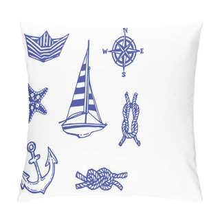 Personality  Sea Travel Elements Collection Doodle Set Hand Drawn Ink Illustration, Boat, Yacht, Sea Knot, Anchor, Compass Pillow Covers
