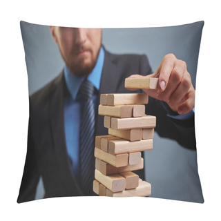 Personality  Businessman Putting Block On Top Of Tower Pillow Covers