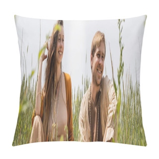 Personality  Positive Couple Sitting Near Grass In Field, Banner  Pillow Covers