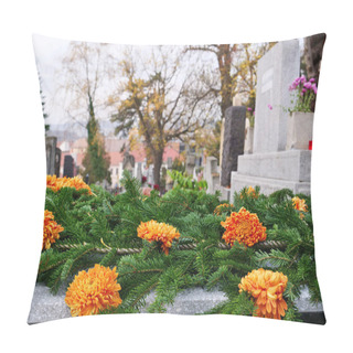 Personality  Orange Chrysanthemum  Flowers And Fir Branches On A Tomb Pillow Covers