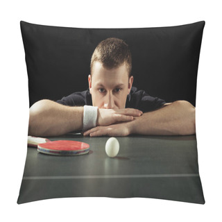 Personality  Portrait Of Thoughtful Tennis Player At Tennis Table With Ball And Racket Isolated On Black Pillow Covers