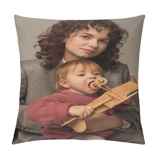 Personality  Modern Working Mother, Balancing Work And Life Concept, Businesswoman In Suit Sitting On Armchair With Toddler Daughter, Playing With Wooden Biplane, Grey Background, Motherhood  Pillow Covers