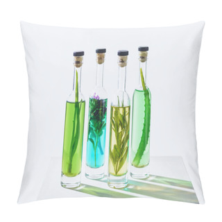 Personality  Four Bottles Of Natural Herbal Essential Colored Oils On White Cube Pillow Covers