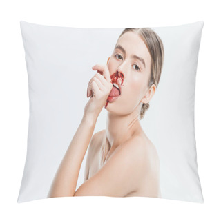 Personality  Naked Woman With Injury On Face Licking Blood From Hand Isolated On White Pillow Covers