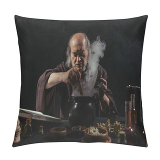 Personality  Senior Wizard Mixing Boiling Potion In Steaming Pot At Night Isolated On Black Pillow Covers