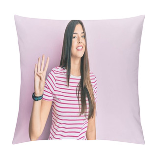 Personality  Young Brunette Woman Wearing Casual Clothes Over Pink Background Showing And Pointing Up With Fingers Number Four While Smiling Confident And Happy.  Pillow Covers
