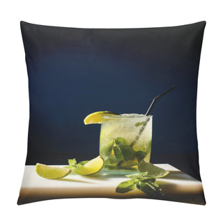 Personality  Thirst Quenching Cold Mojito Garnished With Mint Leaves And Lime On Black Backdrop, Concept Pillow Covers