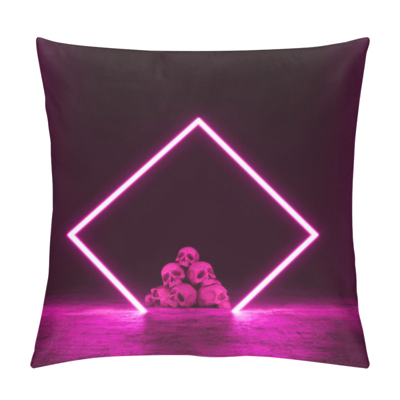 Personality  Human Skulls In Dark Room With Pink Neon Light. Modern Culture And Lifestyle Is Worth More Than Life. Futuristic Concept 3d Render 3d Illustration Pillow Covers