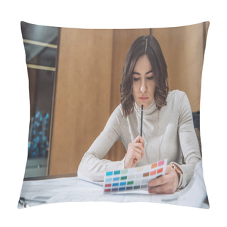 Personality  Thoughtful Young Designer Picking Color From Palette Pillow Covers