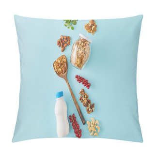 Personality  Top View Of Food Composition Of Nuts, Bottle Of Yogurt, Berries And Leaves Of Mint On Blue Background Pillow Covers
