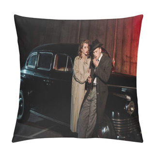 Personality  Handsome Man In Hat Smoking Cigar Near Attractive Woman And Vintage Car  Pillow Covers