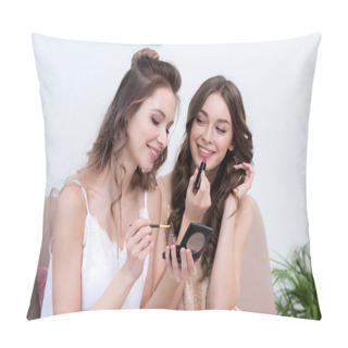 Personality  Beautiful Smiling Young Women Applying Makeup Together At Pajama Party Pillow Covers