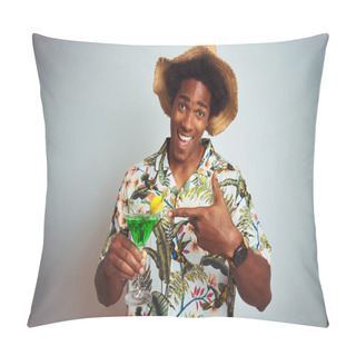 Personality  Afro Man On Holidays Wearing Summer Hat Drinking Cocktail Over Isolated White Background Very Happy Pointing With Hand And Finger Pillow Covers