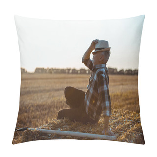Personality  Bearded Farmer Sitting On Bale Of Hay And Touching Straw Hat   Pillow Covers