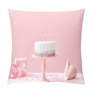 Personality  Tasty Birthday Cake With Gifts On Table Against Color Background Pillow Covers