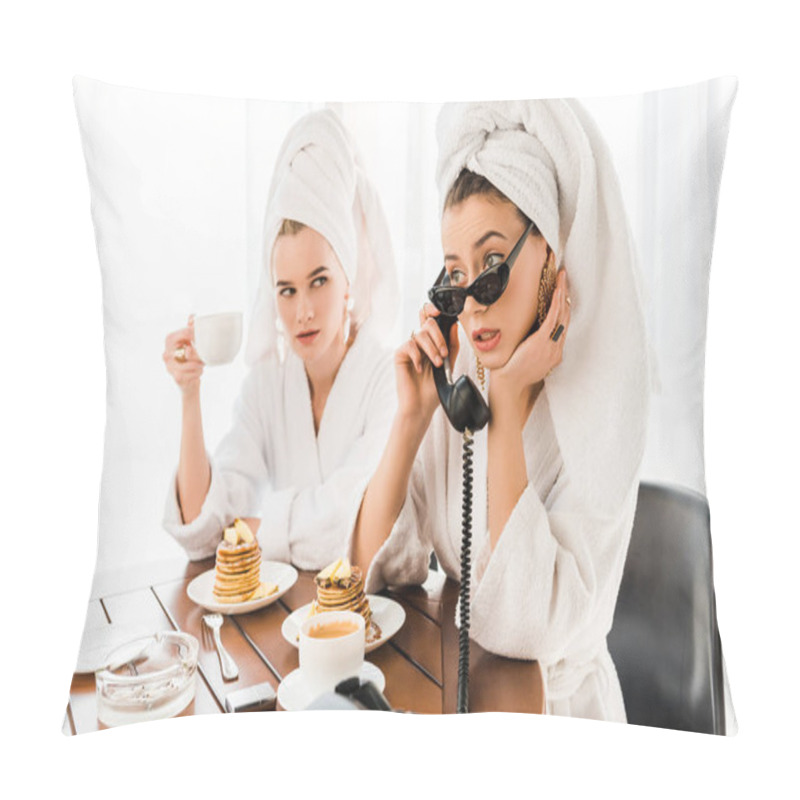 Personality  stylish woman in bathrobe, sunglasses and jewelry with towel on head using retro telephone while having breakfast with friend pillow covers