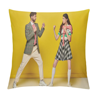Personality  Fight, Man Against Woman, Young Man And Woman With Clenched Fists, Opponents, Yellow Backdrop Pillow Covers