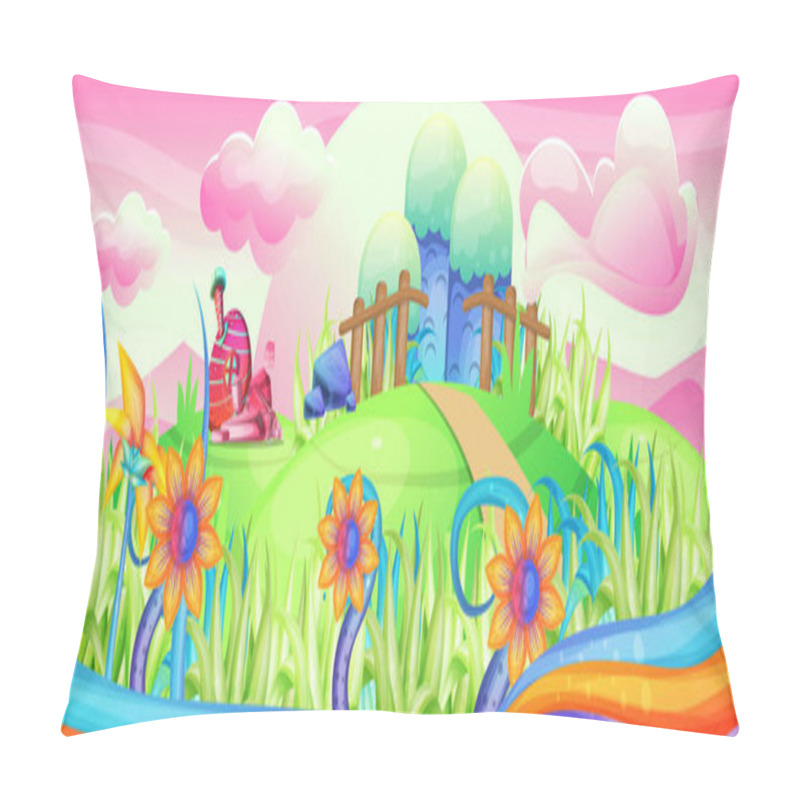Personality  Mushroom houses in the garden illustration - Vector pillow covers