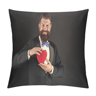 Personality  In Love. Happy Handsome Man Making Proposal. Romantic Gift. Tuxedo Man With Heart. Pillow Covers